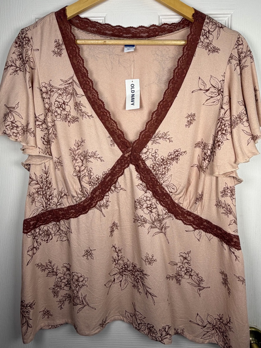 Old Navy Blush Floral V-Neck Lace Trim Blouse Women's XL NWT Boho Cottagecore